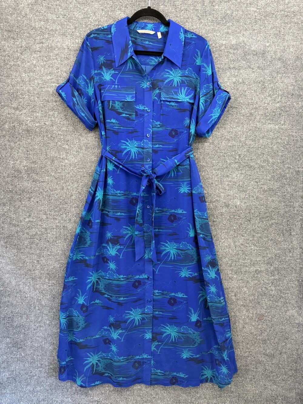 Soft Surroundings Maxi Shirt Dress Womens L Blue Chiffon Tropical Resort Wear